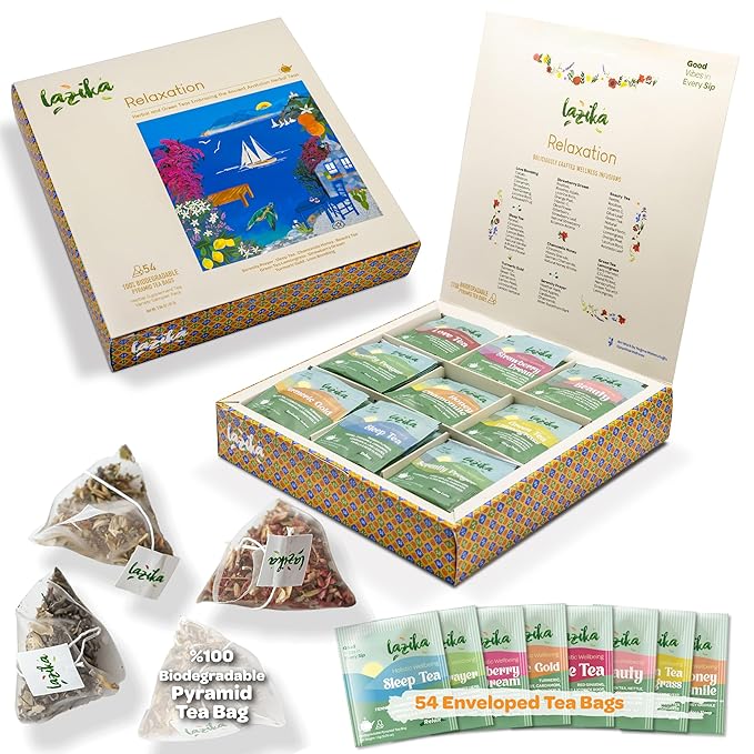 Lazika Herbal Tea Variety Pack with Lovely Presentation Box, 54 Counts, Relaxation Tea Assortment Gift Set, Premium Collection with Pyramid Infuser Bag, Handcrafted - Bloomnest
