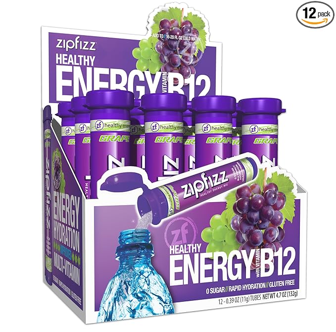 Zipfizz Daily Energy Drink Powder, Grape, 12 Pack | 3-in-1 Sustained Energy, Rapid Hydration, and Essential Vitamins | Sugar-Free | Electrolyte Powder | Contains Vitamin B-12 & Antioxidants - Bloomnest