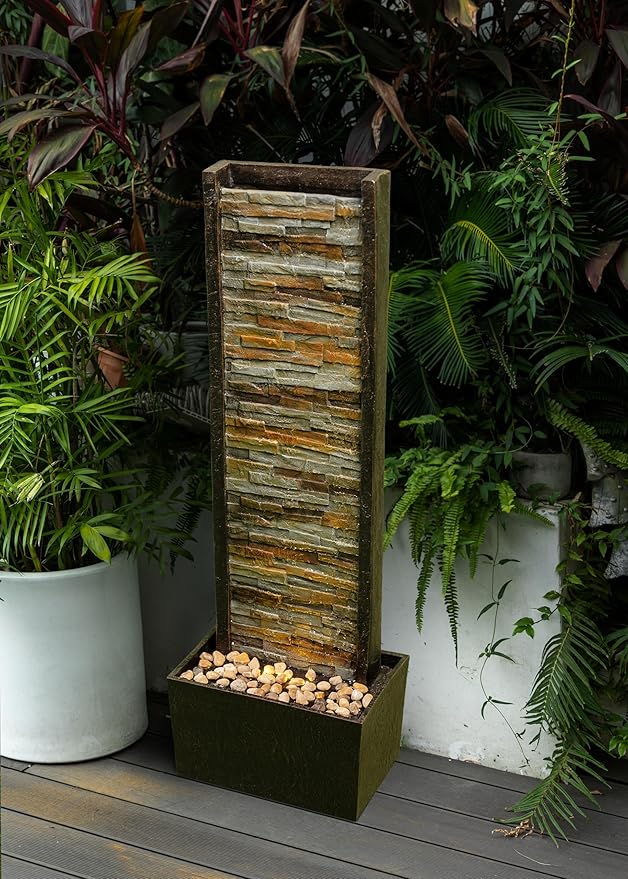Cheng Pin Indoor Water Fountain -Staggered Stone Wall Design,Create Relaxing Ambiance to Decor Your Living Room,Office,Bedroom Or Outdoor Garden with Waterfall Water Feature and LED Lights,38in. Tall - Bloomnest