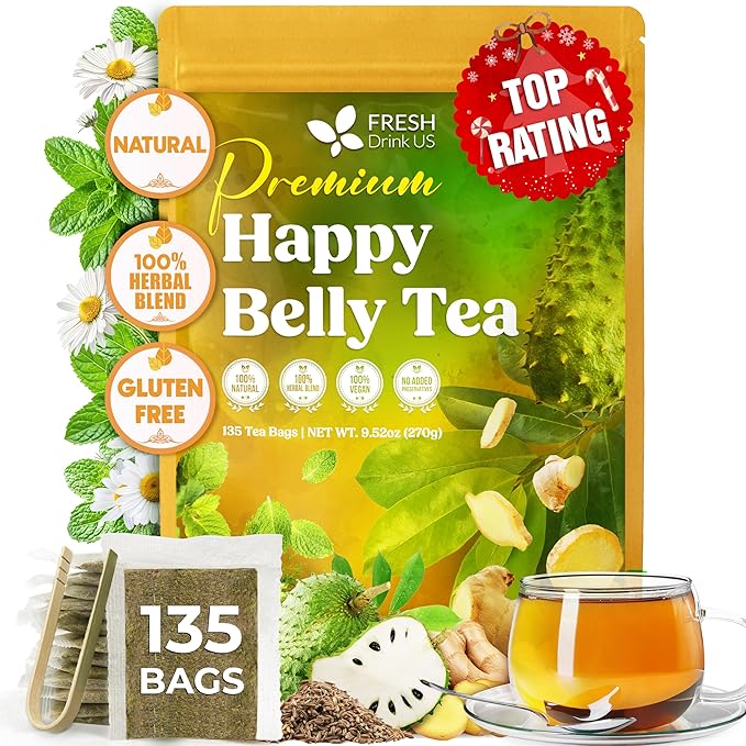 FreshDrinkUS, Premium Happy Belly Tea | 135 Tea Bags | Herbal Tea Blend with Soursop Leaves, Ginger, Fennel Seed, Lemon Balm, Cinnamon, Papaya Leaves & Rose Hip – Naturally Caffeine Free. Sugar Free - Bloomnest
