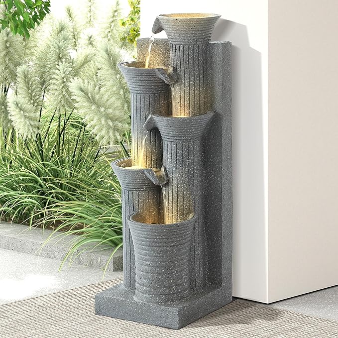 Grepatio Garden Water Fountain, 5 Tier Outdoor Cascading Waterfalls Fountains with LED Lights and Pump Indoor Modern 24" H Floor Standing Water Fountain for Garden, Patio, House Decor (Light Grey) - Bloomnest