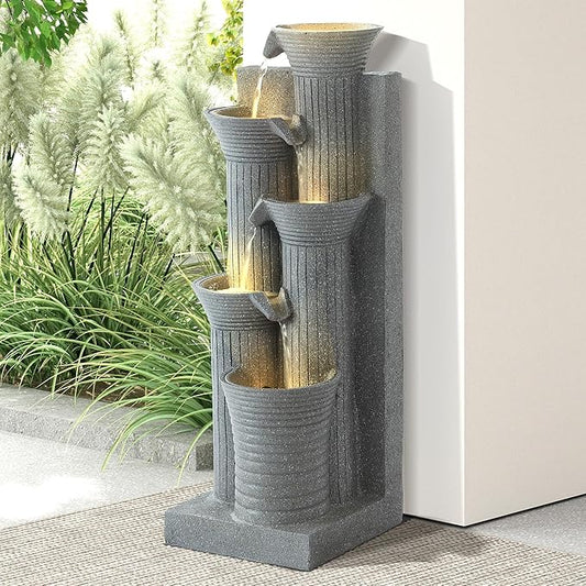 Grepatio Garden Water Fountain, 5 Tier Outdoor Cascading Waterfalls Fountains with LED Lights and Pump Indoor Modern 24" H Floor Standing Water Fountain for Garden, Patio, House Decor (Light Grey) - Bloomnest