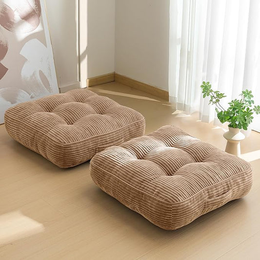 6" Washable Floor Pillow Cushion for Adults, Meditation Cushion Pillow, Large Square Floor Sitting, Removable Tufted Corduroy Cover, for Tatami Living Room or Yoga, 22x22 Inch, 2Pack, Machine Washable - Bloomnest