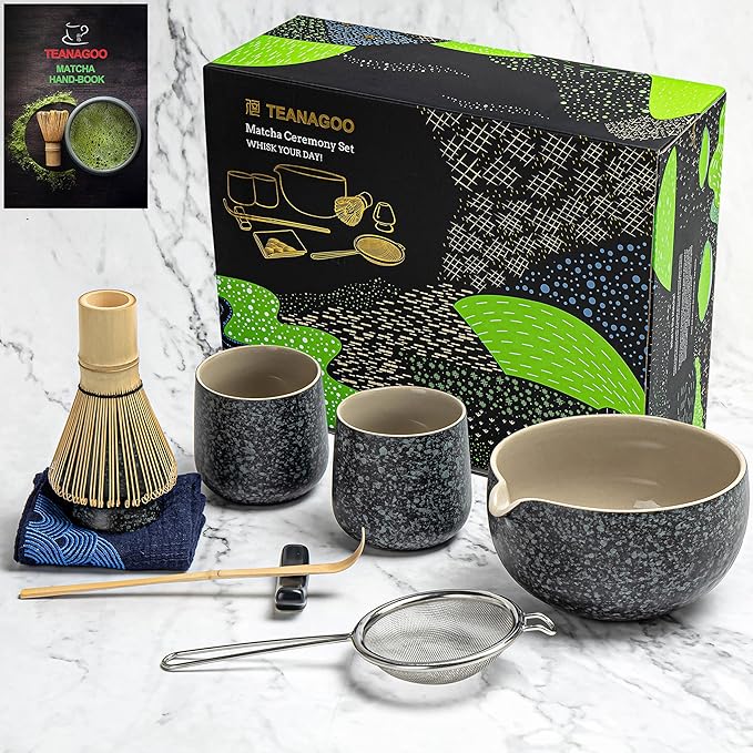 TEANAGOO 9 Pcs Matcha Whisk Set,Ceramic Matcha Set,Matcha Kit for Ceremony,Matcha Tea Set for Making Breakfast/Matcha Latte,Matcha Whisk and Bowl Set with 2 Matcha Cups(7.2oz),Gift for Matcha Lover - Bloomnest