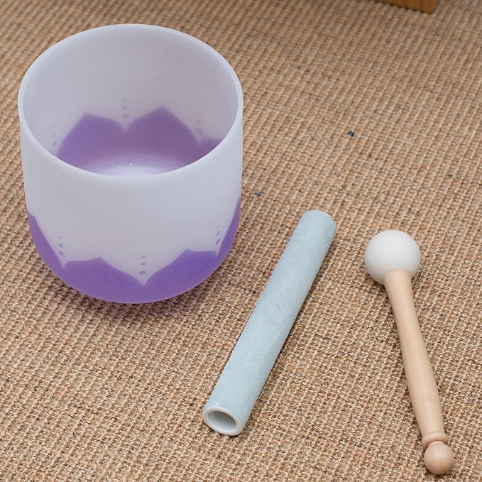 Leize Quartz Crystal Singing Bowl 432hz B Note Crown Chakra Violet Lotus Design 6" Wide with Suede Striker - Bloomnest