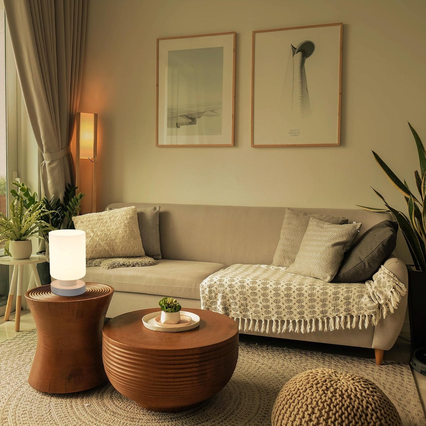 Touch Bedside Lamp, Mini Stepless Dimmable Table Lamps for Bedroom for Night Stands, Small Desk Lamp with Brightness Memory, USB Charging Ports, Warm LED Bulb, White, Cylindrical Shape, 1 Set