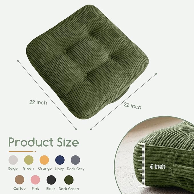 6" Washable Floor Pillow Cushion for Adults, Meditation Cushion Pillow, Large Square Floor Sitting, Removable Tufted Corduroy Cover, for Tatami Living Room or Yoga, 22x22 Inch, 2Pack, Machine Washable - Bloomnest
