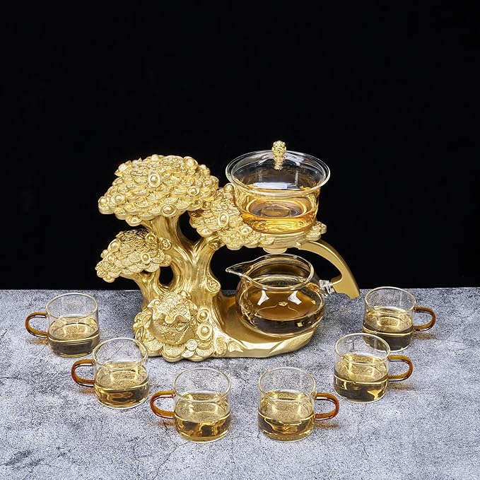Glass Teapot Set with Infuser Semi Automatic Tea Set Magic Teapot (Tree - golden) - Bloomnest