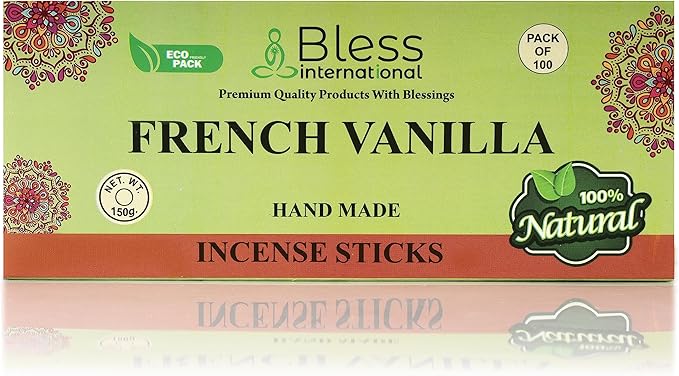Bless-French-Vanilla 100%-Natural-Handmade-Hand-Dipped-Incense-Sticks Organic-Chemicals-Charcoal-Free Purification-Relaxation-Positivity-Yoga-Meditation Best-Woods-Scent (100 Sticks(5.25 OZ)) BlessInternational