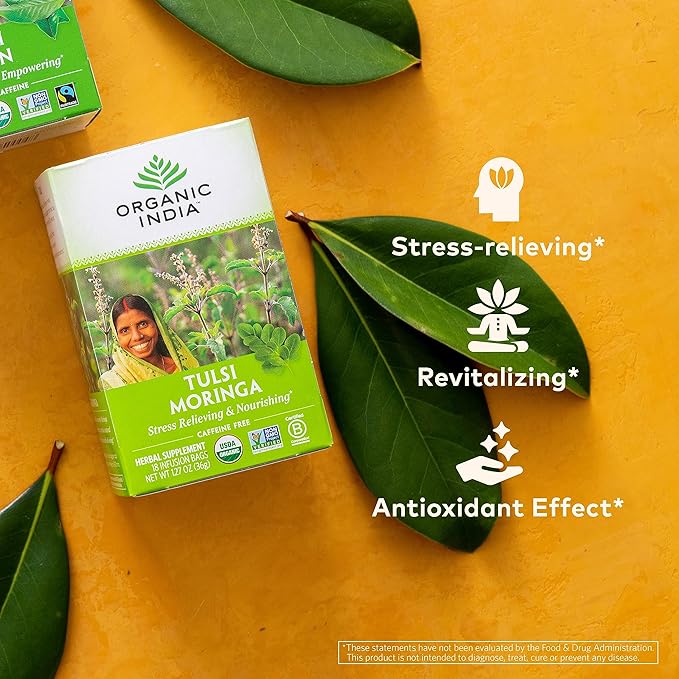 ORGANIC INDIA Tulsi Moringa Tea Bags - Holy Basil, Lemongrass, Moringa Leaves, Stress Relieving & Nourishing, Immune Support Tea, Vegan, Certified Organic, Caffeine-Free - 18 Infusion Bags, 6 Pack - Bloomnest