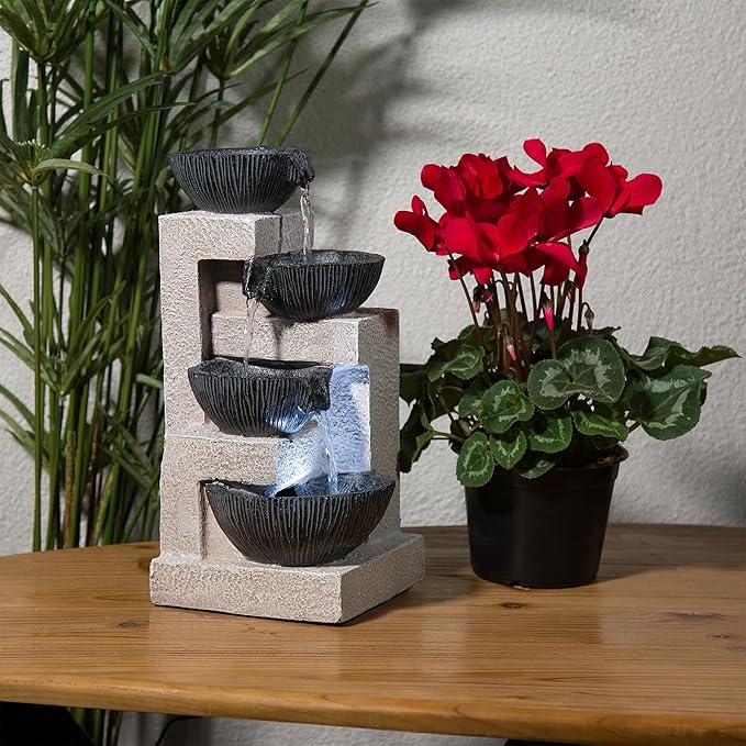 Alpine Corporation WIN1578 14" Cascading Tabletop Bowl Fountain with LED Lights – Elegant Water Fountain for Home, Office, Living Room, Bedroom, and Desk, Gray - Bloomnest