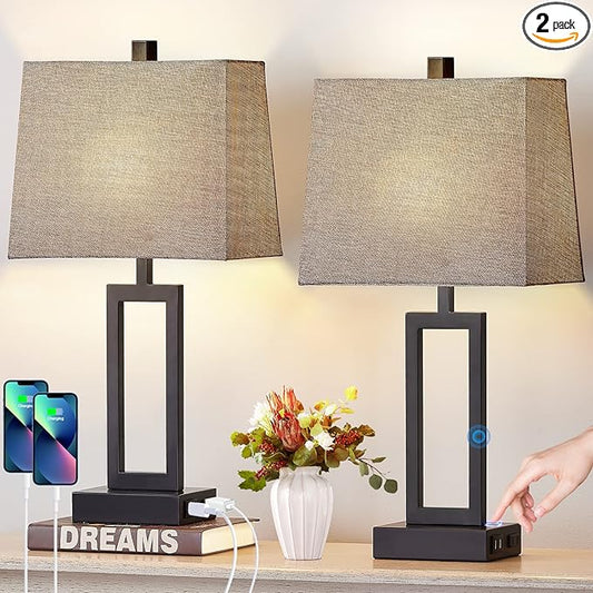 23.5" Touch Control Table Lamps Set of 2, Bedside Lamp with 2 USB Charging Ports & AC Outlet, 3-Way Dimmable Modern Nightstand Lamp for Living Room Bedroom End Table Office(2700K 2 LED Bulbs Included) - Bloomnest