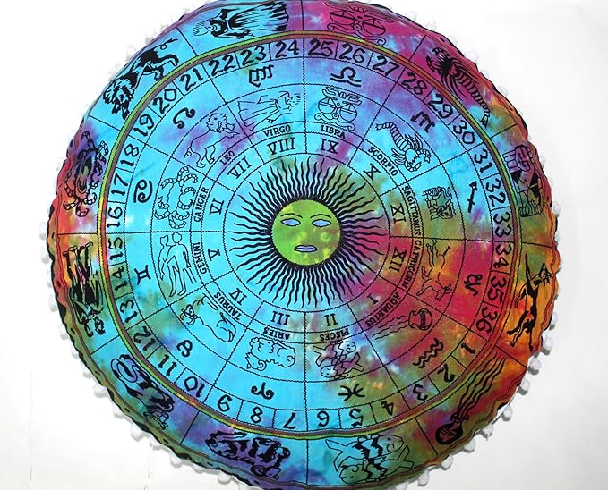 CRAFT KALA Boho Large Floor Pillow Pouf Cover Mandala Meditation Room Pillow Cover for Adults Round Bohemian Seating Pouf Cushion Cover for Kids Playroom 22" Multi Zodiac - Bloomnest