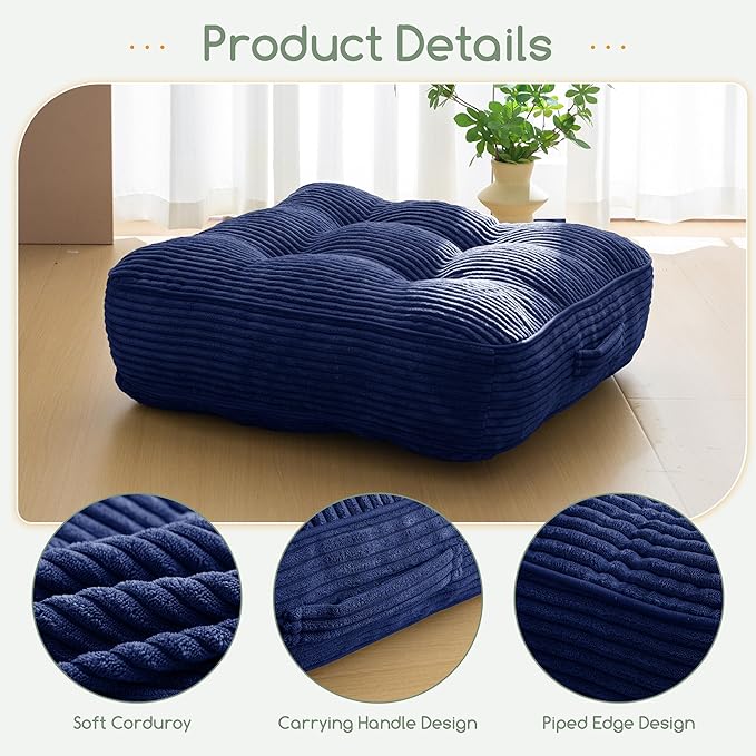 6" Washable Floor Pillow Cushion for Adults, Meditation Cushion Pillow, Large Square Floor Sitting, Removable Tufted Corduroy Cover, for Tatami Living Room or Yoga, 22x22 Inch, Machine Washable - Bloomnest