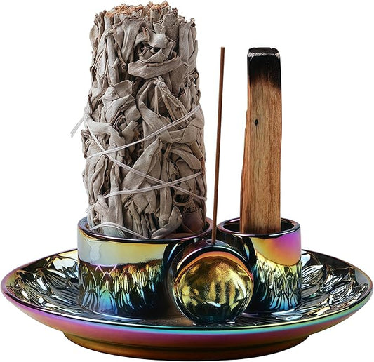 4 in 1 Incense Holder, Ceramic Incense Stick and Palo Santo Holder,Sage Holder for Burning- 5.5" Ceramic Ash Catcher Tray for Meditation and Yoga Room (Colourful) - Bloomnest