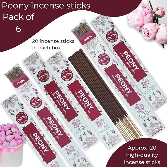 Peony Incense Sticks - Total 120 Insence-Sticks - 6 Packs of 20 Insense - Inciensos - Inscents - Natural Non Toxic Ingredients - Incents - Incence - Inscense - Insents TRUMIRI