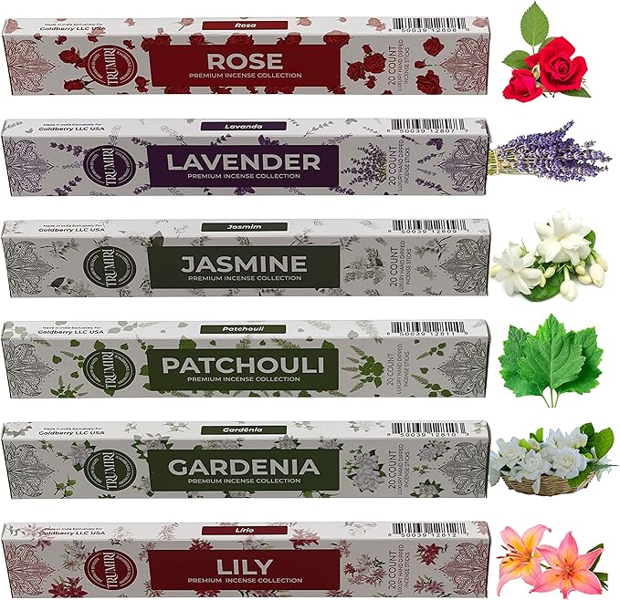 Floral Incense Sticks Variety Pack - 120 Insence-Sticks (6 Incents x 20 Insense) - Rose Lavender Jasmine Patchouli Gardenia Lily - Natural Inscents-Sticks Non Toxic Incienso with Stick Incense Holder - Bloomnest