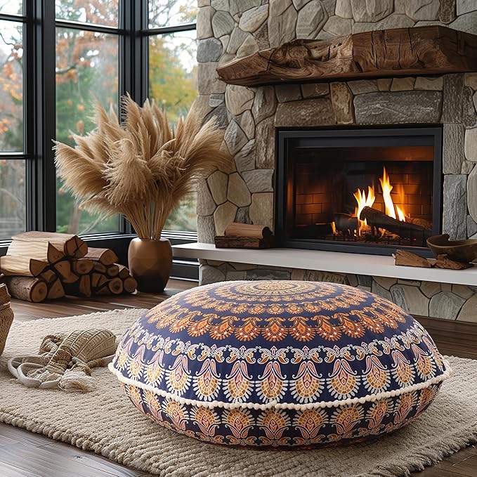 Codi Meditation Floor Pillows, Round Large Pillow Seating for Adults, Bohemian Mandala Circle Floor Cushion for Outdoor Fireplace Yoga Living Room, 32 Inch, Yellow Memory Foam Added - Bloomnest