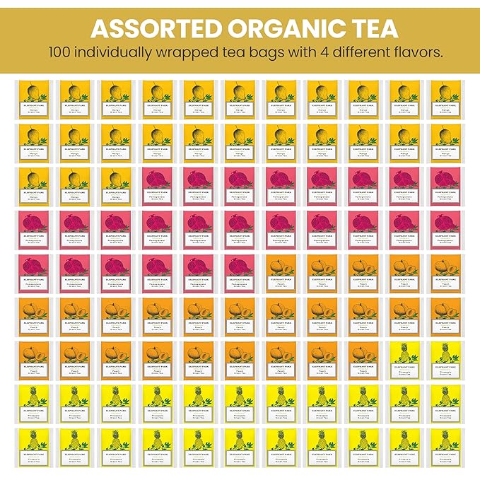 Premium Organic Fruit Green Tea Sampler, 100 Count Assorted Tea Bags, Caffeinated & Herbal Variety Pack Pineapple, Pomegranate, Mango, Peach Flavors - Bloomnest
