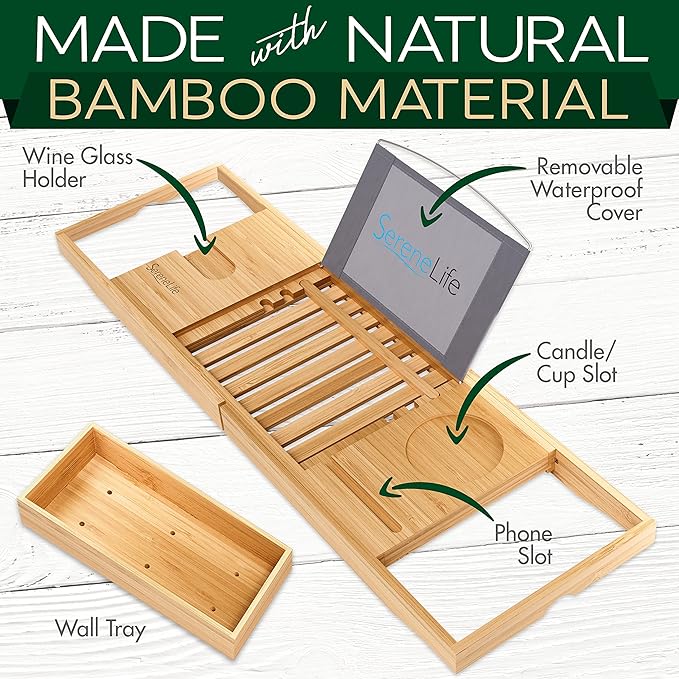 SereneLife Premium Bathtub Tray Caddy, Expandable Bath Tray, Unique House Warming Gifts, Gift for Mom, Women, New Home, Wedding, Anniversary, Bridal Shower, Universal Fit for All Tub - Classic - Bloomnest