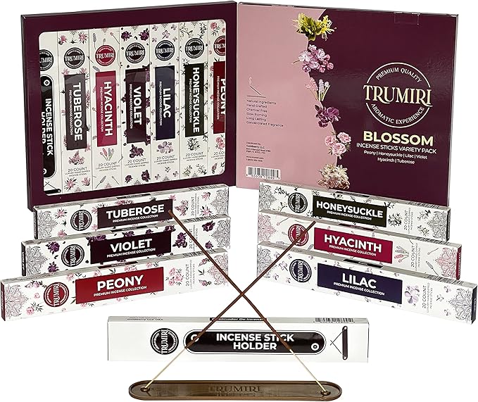 Blossom Incense Sticks Variety Pack - 120 Insence-Sticks (6 Incents x 20 Insense) - Peony Honeysuckle Lilac Violet Hyacinth Tuberose - Natural Inscents-Sticks Non Toxic Incienso + Stick Incense Holder - Bloomnest