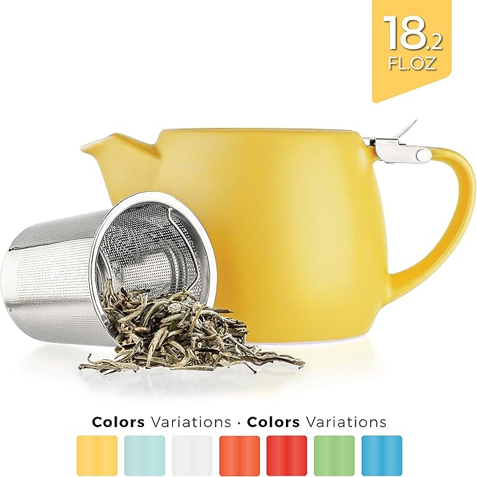Tealyra - Pluto Porcelain Small Teapot Yellow - 18.2-ounce (1-2 cups) - Matte Finish - Stainless Steel Lid and Extra-Fine Infuser To Brew Loose Leaf Tea - 540ml - Bloomnest