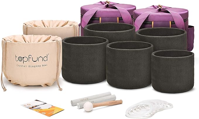 TOPFUND 7-12 inch Chakra Set of 7 Color Crystal Singing Bowls with Heavy Duty Carrying Cases and Mallets