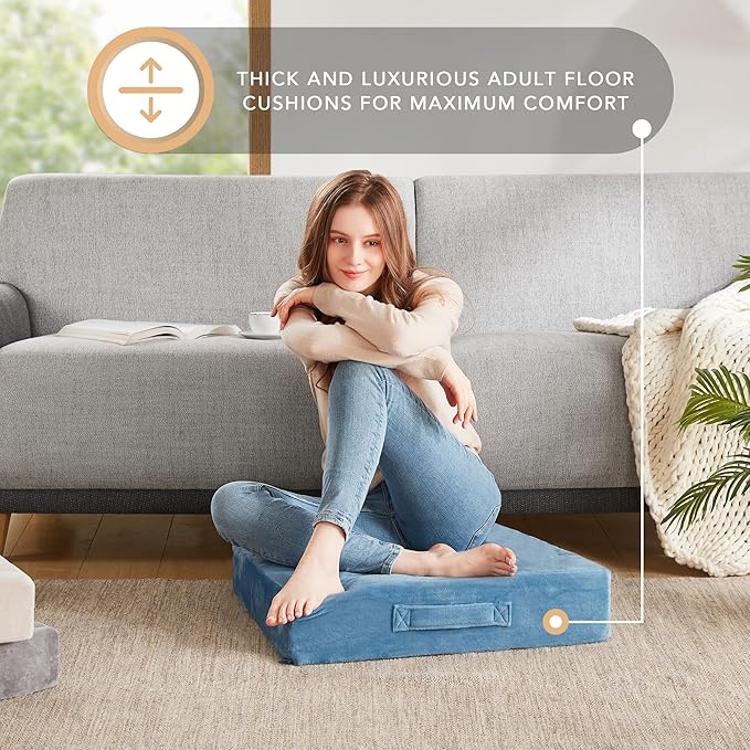 Codi Floor Cushions for Adults, Large Meditation Pillows with Thick Foam and Soft Tufted Covers, Washable Square Seating for Couch and Yoga Sitting, 22×22×5 Inch Blue