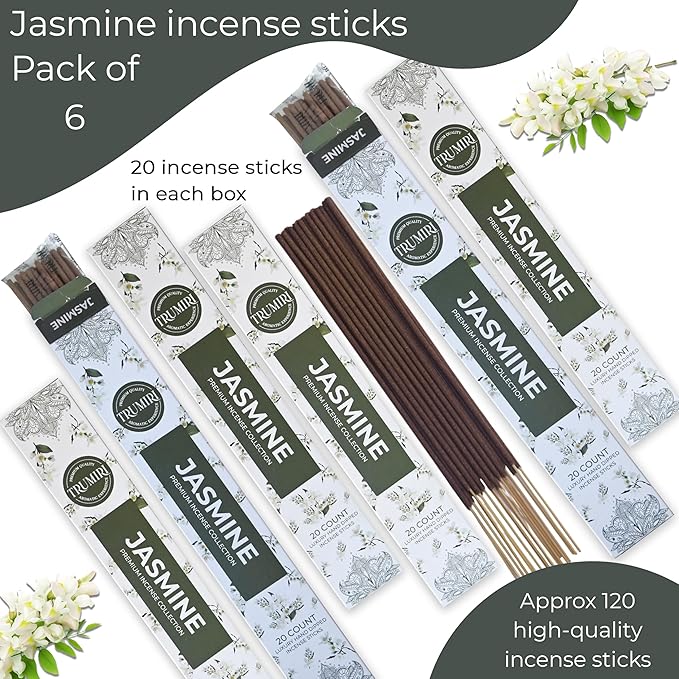 Jasmine Incense Sticks - Total 120 Insence-Sticks - 6 Packs of 20 Insense - Inciensos - Inscents - Natural Non Toxic Ingredients - Incents - Incence - Inscense - Insents TRUMIRI