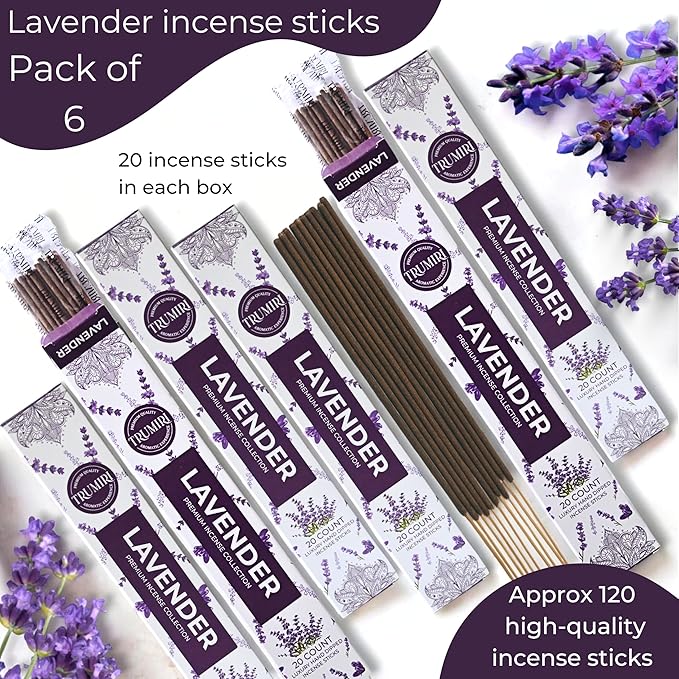 Lavender Incense Sticks - Incienso de Lavanda - Total 120 Insence-Sticks - 6 Packs of 20 Insense - Inciensos - Inscents - Natural Non Toxic Ingredients - Incents - Incence - Inscense - Insents TRUMIRI