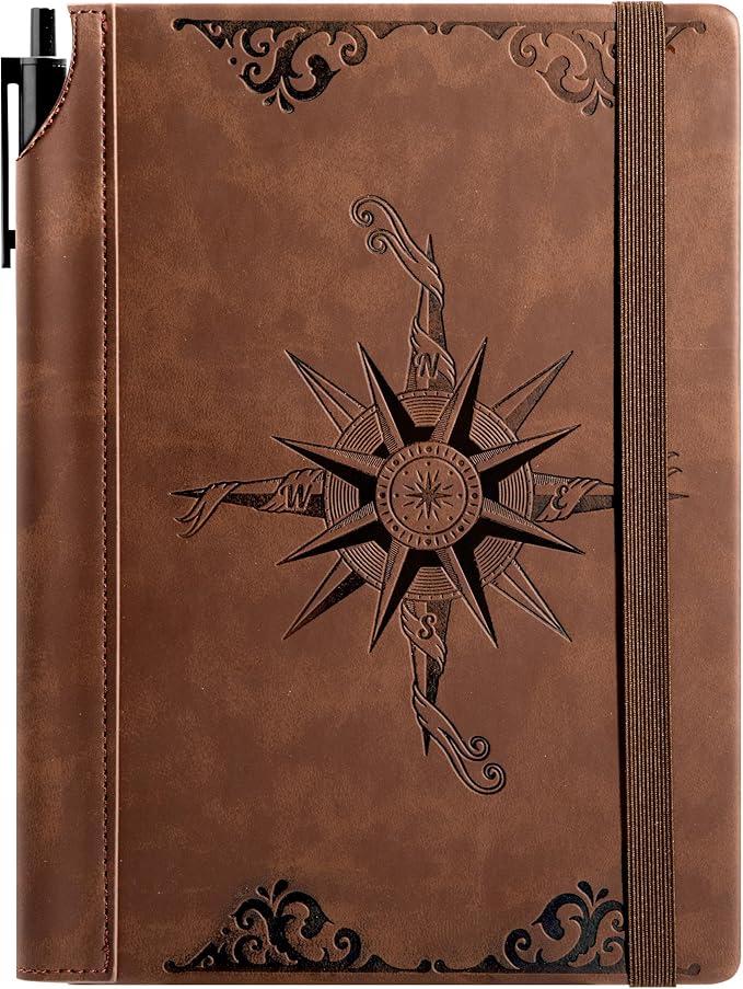 CAGIE Compass Leather Notebook Journal for Men, 100 GSM 288 Pages Lined Journals for Writing, A5 Hardcover Journaling Notebooks Gift Set with Pen for Travel Office Daily Writing - Bloomnest