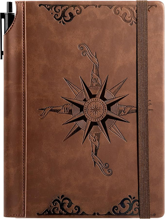 CAGIE Compass Leather Notebook Journal for Men, 100 GSM 288 Pages Lined Journals for Writing, A5 Hardcover Journaling Notebooks Gift Set with Pen for Travel Office Daily Writing - Bloomnest