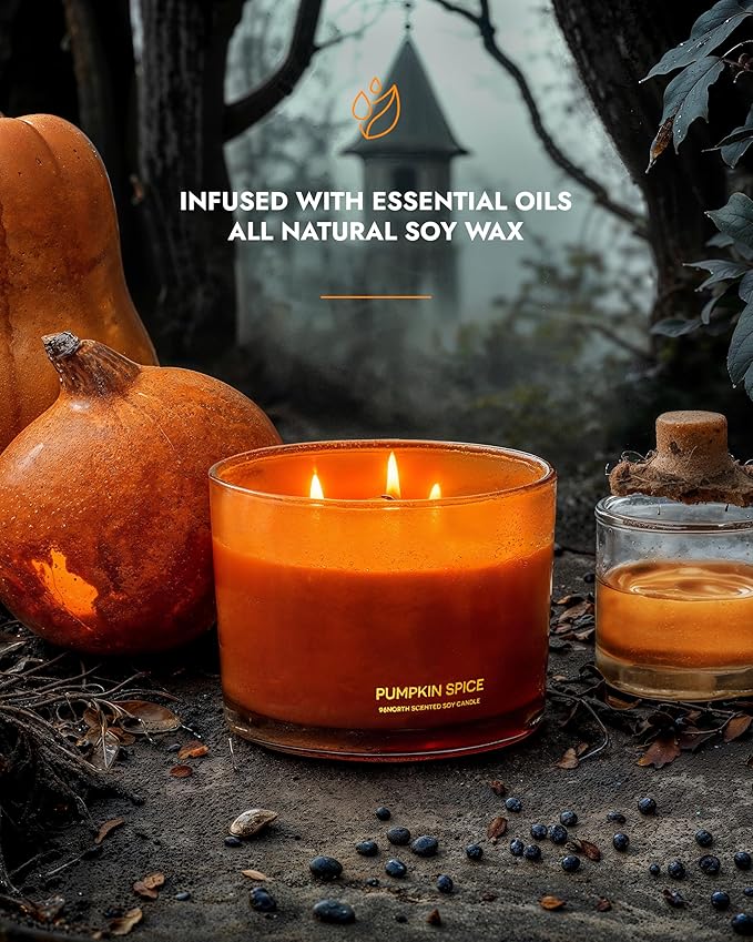 96NORTH Luxury Pumpkin Soy Candle | Large 3 Wick Jar Candle | Halloween & Fall Decor | Up to 40 Hours Burning | 100% Natural Soy Wax | Relaxing Aromatherapy Candle | Halloween Fall Candle Gift - Bloomnest