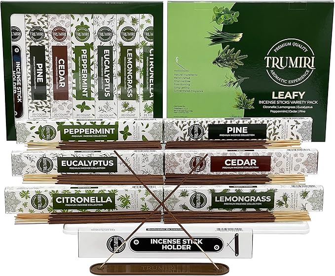 Leafy Incense Sticks Variety Pack - 120 Insence-Sticks (6 Incents x 20 Insense) - Citronella Lemongrass Eucalyptus Peppermint Pine Cedar - Natural Inscents-Sticks Non Toxic Inciensos + Incense Holder - Bloomnest