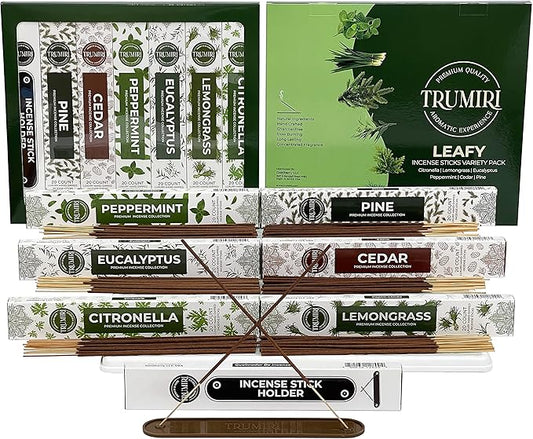 Leafy Incense Sticks Variety Pack - 120 Insence-Sticks (6 Incents x 20 Insense) - Citronella Lemongrass Eucalyptus Peppermint Pine Cedar - Natural Inscents-Sticks Non Toxic Inciensos + Incense Holder - Bloomnest
