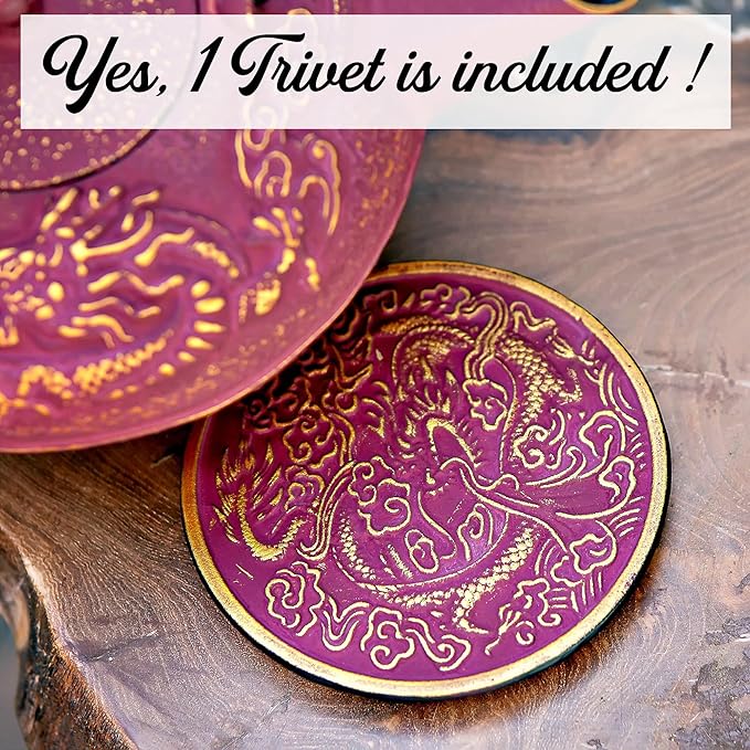 Large Cast Iron Tea Kettle Set - 40oz/1200ml Japanese Teapot with Infuser & Matching Trivet - Tetsubin Iron Tea Pot Japanese Style with Enamel Interior - Handcrafted Dragon Teapot Humidifier - Purple