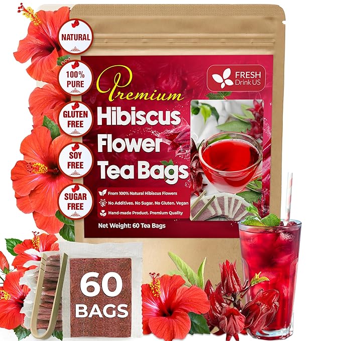 FreshDrinkUS, Premium 60 Hibiscus Flowers Tea Bags, 100% Natural & Pure, Loose Flower Herbal Tea. No Sugar, No Caffeine, No Gluten, Vegan. Great To Drink Hot Or Ice Tea - Bloomnest