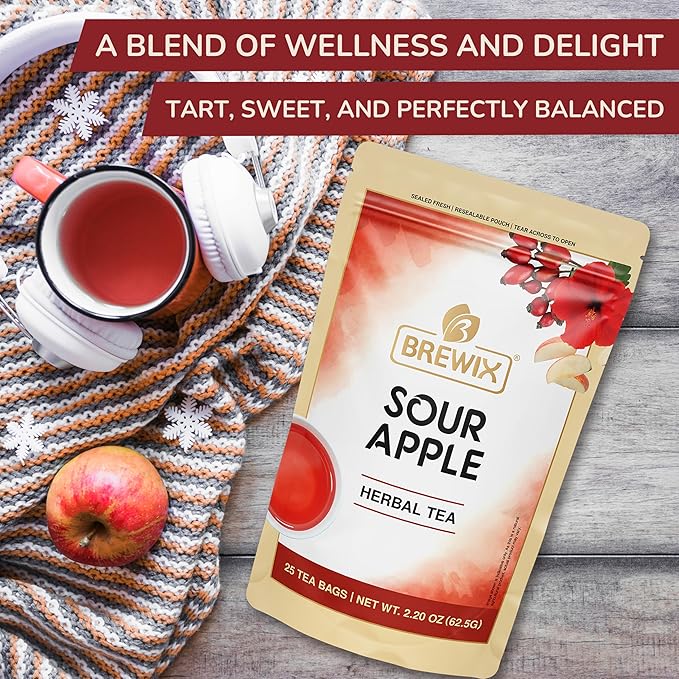 BREWIX, Sour Apple Hibiscus Tea Bags (25 Pyramid Tea Bags) Caffeine-Free Herbal Tea | Apple, Hibiscus, Rosehip | Refreshing Wellness Brew for Any Mood | Hot or Iced Refreshment - Bloomnest