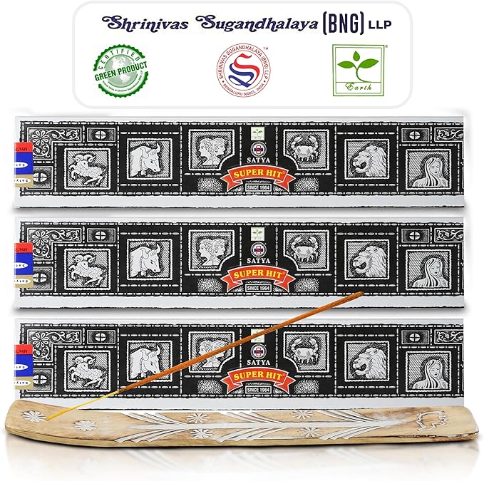 Satya Super Hit Incense Sticks, Satya Bng (Bangalore) 15gmx3 Pack (45 GMS) with Raajsee Insense Holder Bundle, Satya Nagchampa Natural - Bloomnest