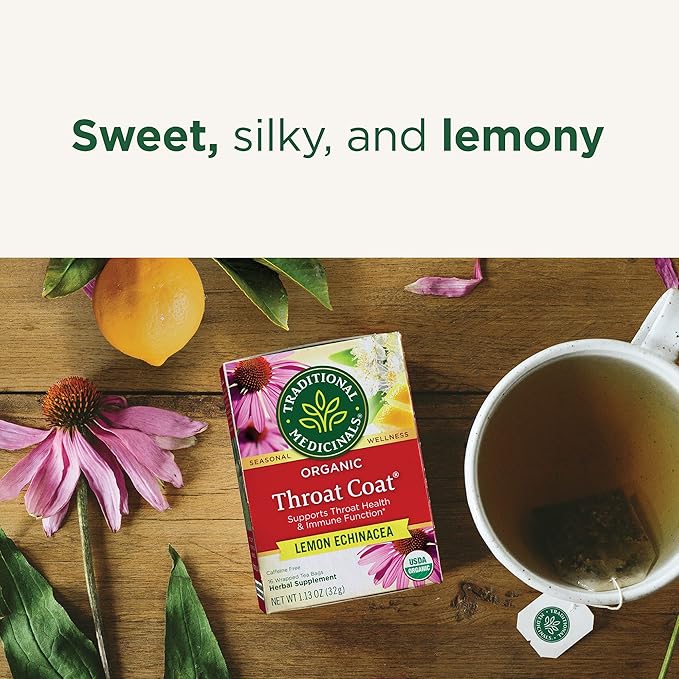 Traditional Medicinals Tea, Organic Throat Coat Lemon Echinacea, Supports Throat Health & Immune Function, 96 Tea Bags (3 Pack) - Bloomnest