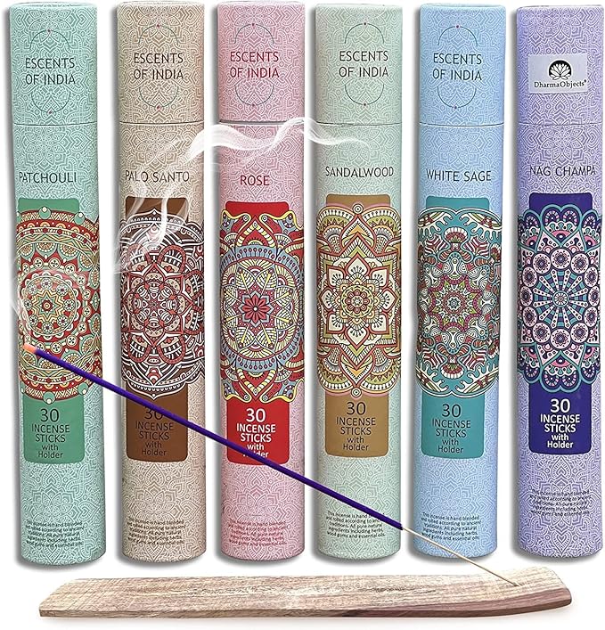 DharmaObjects Premium 180 Incense Sticks - Mix 6 Fragrances, Palo Santo, Sandal Wood, Nag Champa, White Sage, Rose and Patchouli Incense Gift Set Include 6 Holders DharmaObjects