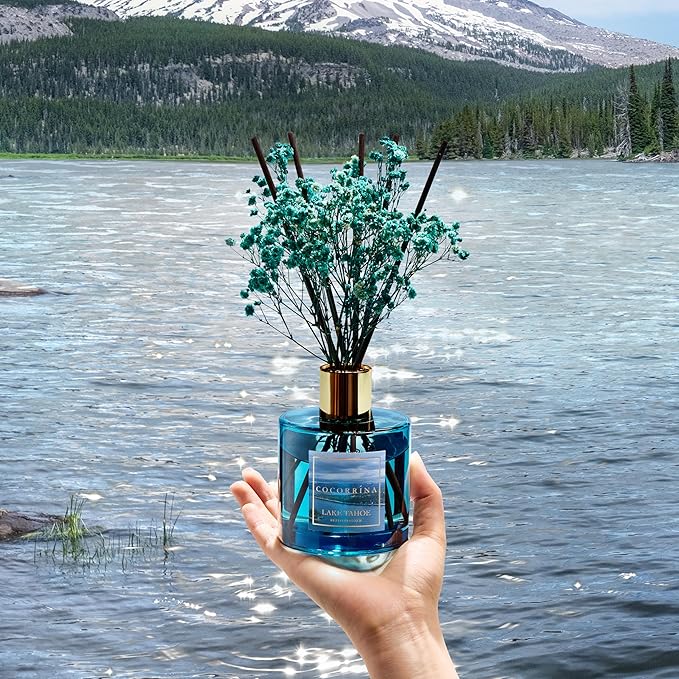 COCORRÍNA Reed Diffuser - Lake Tahoe 6.7 Fl.oz Reed Diffuser Set with 8 Sticks & Preserved Baby's Breath, Reed Diffuser for Home Bathroom Shelf Decor - Bloomnest