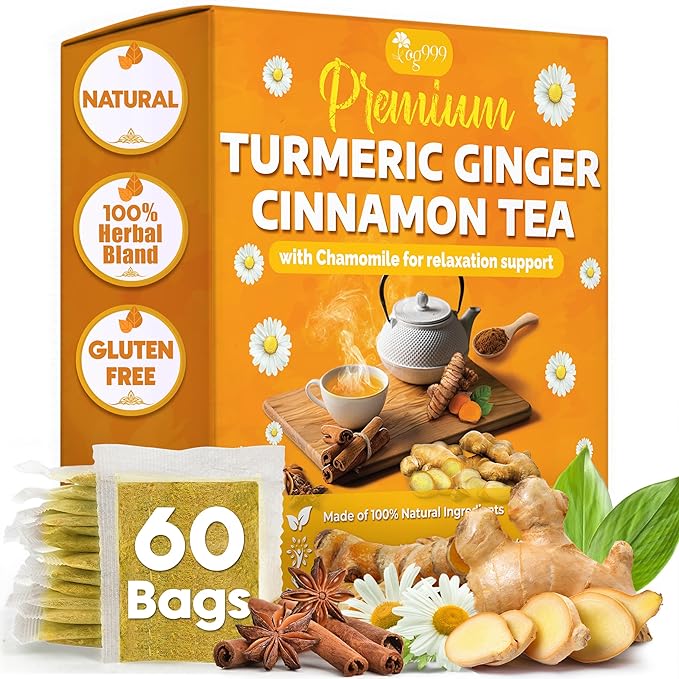 TOG999, Turmeric Ginger Cinnamon Tea Bags | 60 Count | Herbal Blend with Turmeric, Ginger, Cinnamon Stick & Chamomile Flowers for Relaxation | Naturally Flavorful, Caffeine-Free | Packed in Paper Box - Bloomnest