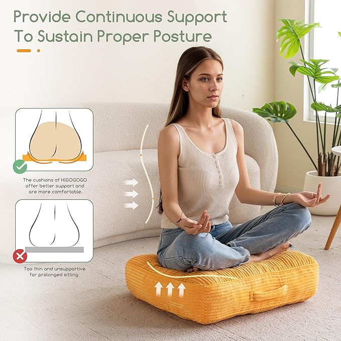 6" Washable Floor Pillow Cushion for Adults, Meditation Cushion Pillow, Large Square Floor Sitting, Removable Tufted Corduroy Cover, for Tatami Living Room or Yoga, 22x22 Inch, 2Pack, Machine Washable - Bloomnest