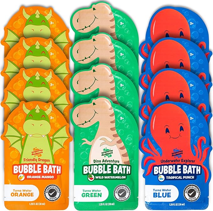 Tub Works® Magical Kids Bubble Bath, Variety 12 Pack | Creates Colorful Water & Tons of Bath Bubbles | Nontoxic | Character-Themed Bubble Bath for Kids | Green, Blue & Orange Bath Colors - Bloomnest