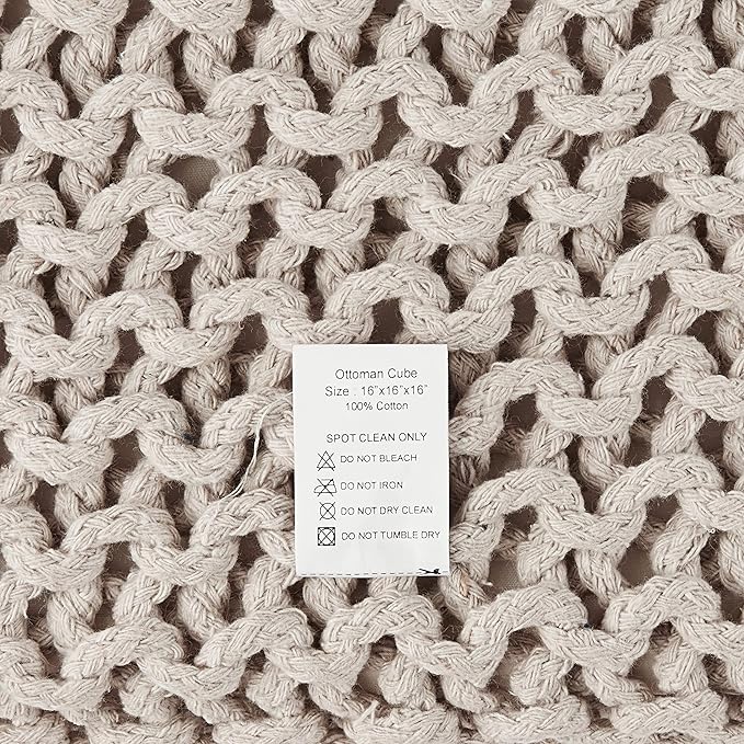 REDEARTH Square Pouf Ottoman Foot Stool - Hand Knitted Bean Bag - Cord Boho Pouffe - Accent Poof for Living Room - Nursery - Bedroom - Kids Bedroom - Patio - 100% Cotton (16" x 16" x 16") - Ivory - Bloomnest