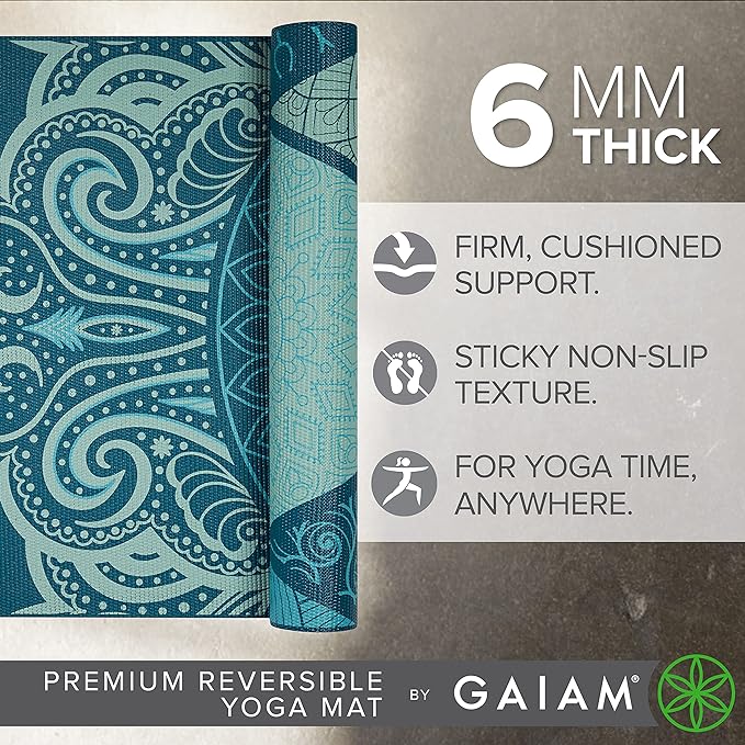 Gaiam Yoga Mat - Premium 6mm Print Reversible Extra Thick Non Slip Exercise & Fitness Mat for All Types of Yoga, Pilates & Floor Workouts (68" x 24" x 6mm Thick) - Bloomnest