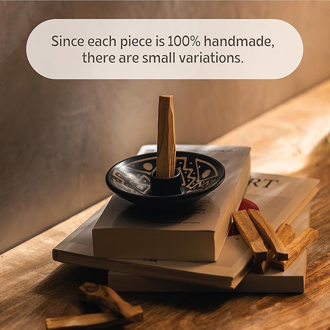 Palo Santo Holder with 5 Sticks - Luna Sundara Handmade Ceramic Incense Burner - Black & White Chulucanas Pottery from Peru - Smudge Bowl for Sage - Aromatherapy Gift Set LunaSundara
