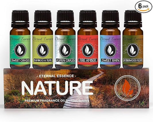 Eternal Essence Oils Nature Set of 6 Premium Fragrance Oils - Sweet Grass, Aspen Grass, Fire Amber, Sweet Rain, Bamboo & Teak and Amberwood - For Diffusers, Candle & Soap Making, & Aromatherapy - 10ML - Bloomnest