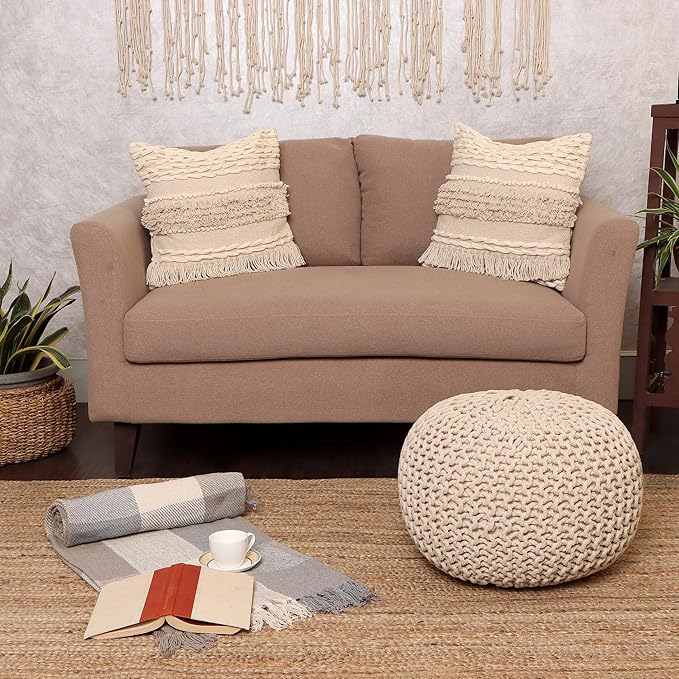 REDEARTH Round Pouf Ottoman –18"x18"x14" Hand-Knitted Cotton Pouffe –Cable Footstool –Boho Dori Hassock –Pre-Stuffed Poof – Extra Seat -Poofy Footrest for Living Room, Bedroom, Nursery, Nook –Ivory - Bloomnest